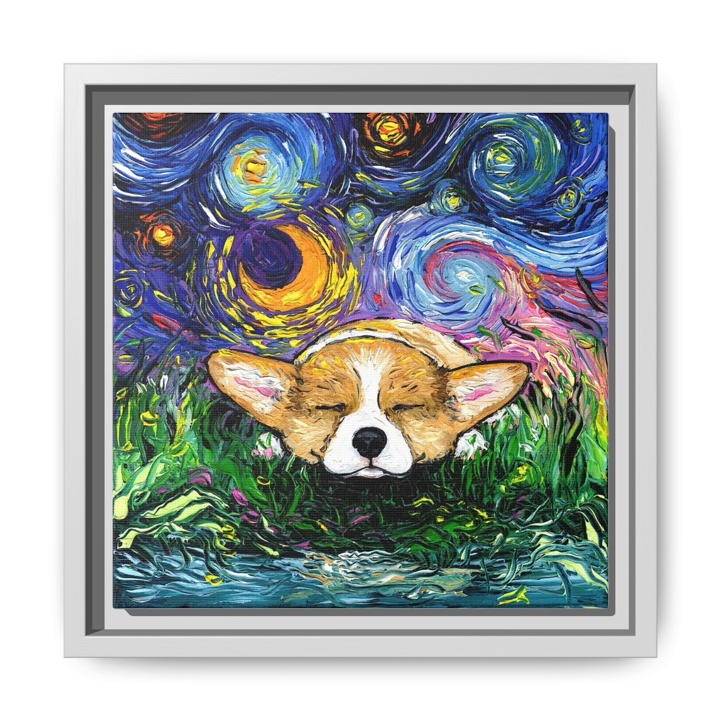 "Sleepy Corgi Night" Framed Canvas Wall Art