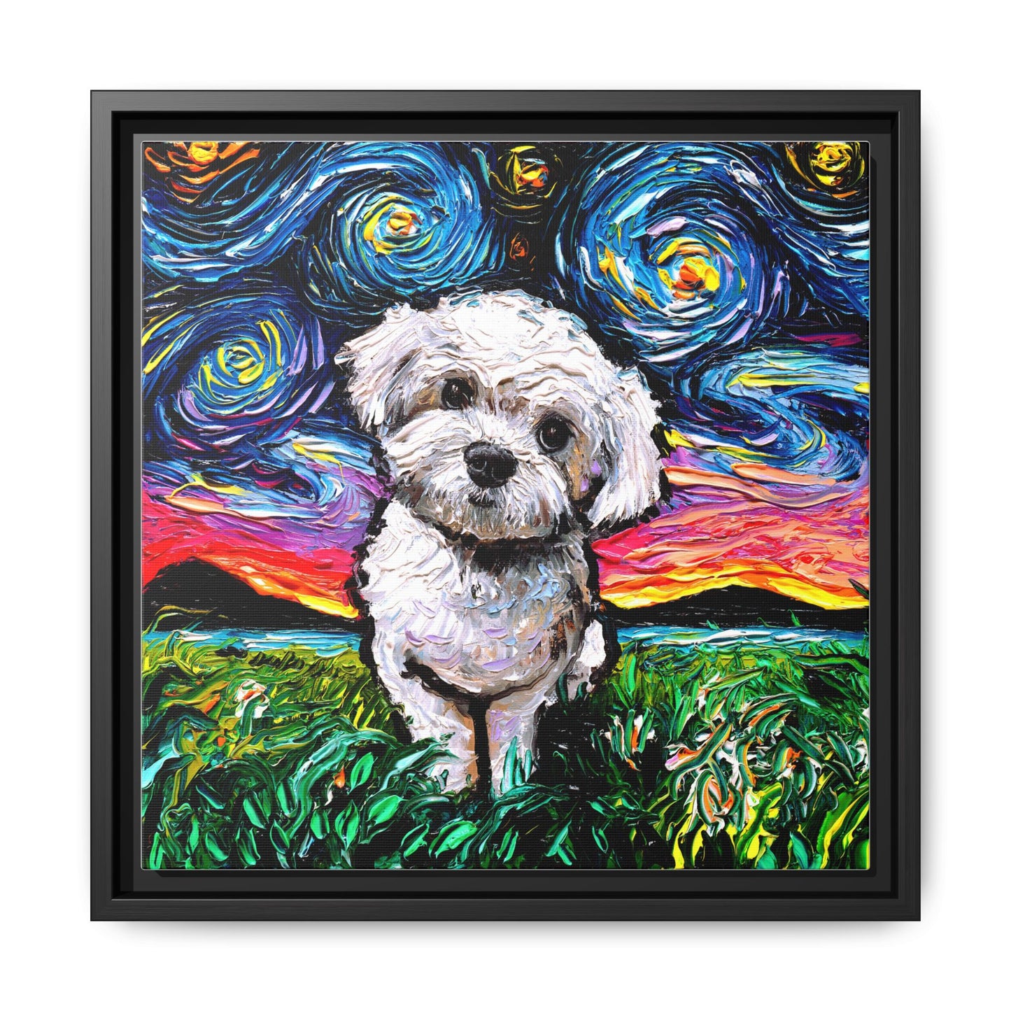"Maltipoo Night" Framed Canvas Wall Art