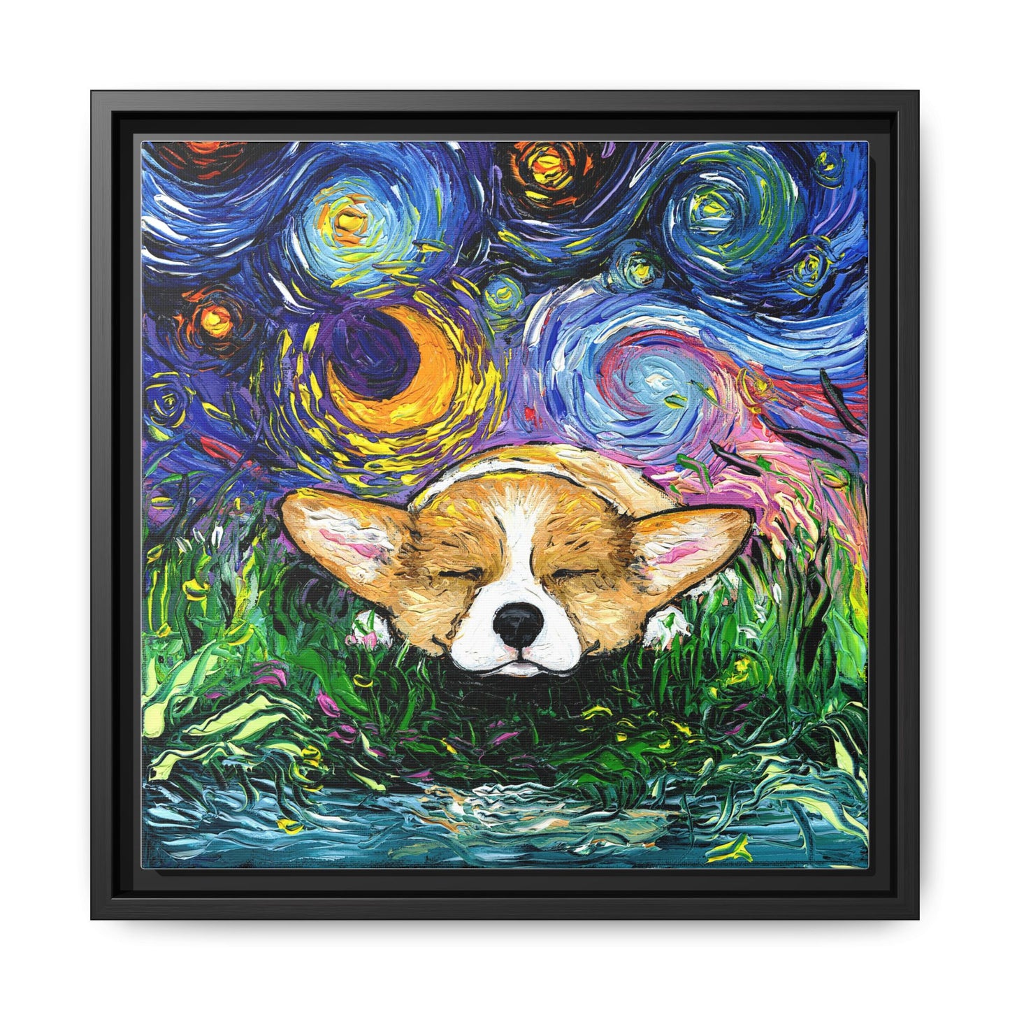 "Sleepy Corgi Night" Framed Canvas Wall Art
