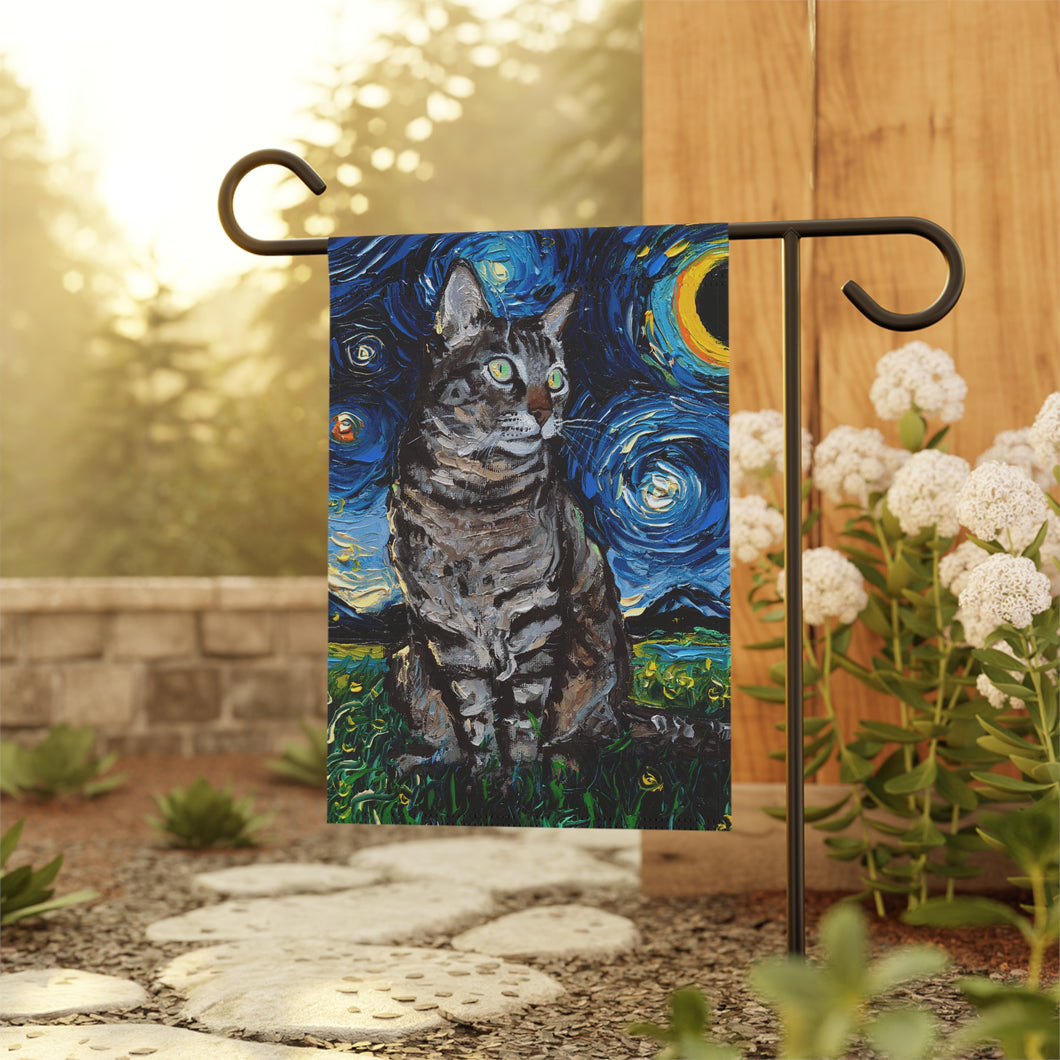 Starry Night Gray Tabby Cat Garden and House Flags