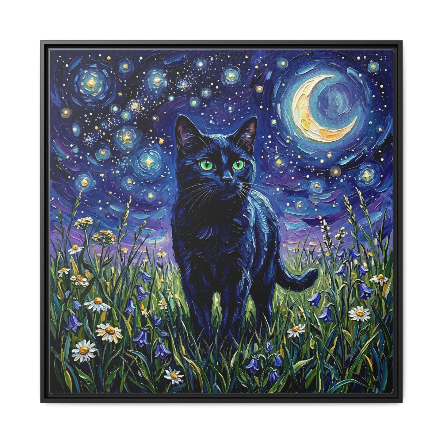 "Amongst The Flowers - Black Cat" Framed Canvas Wall Art