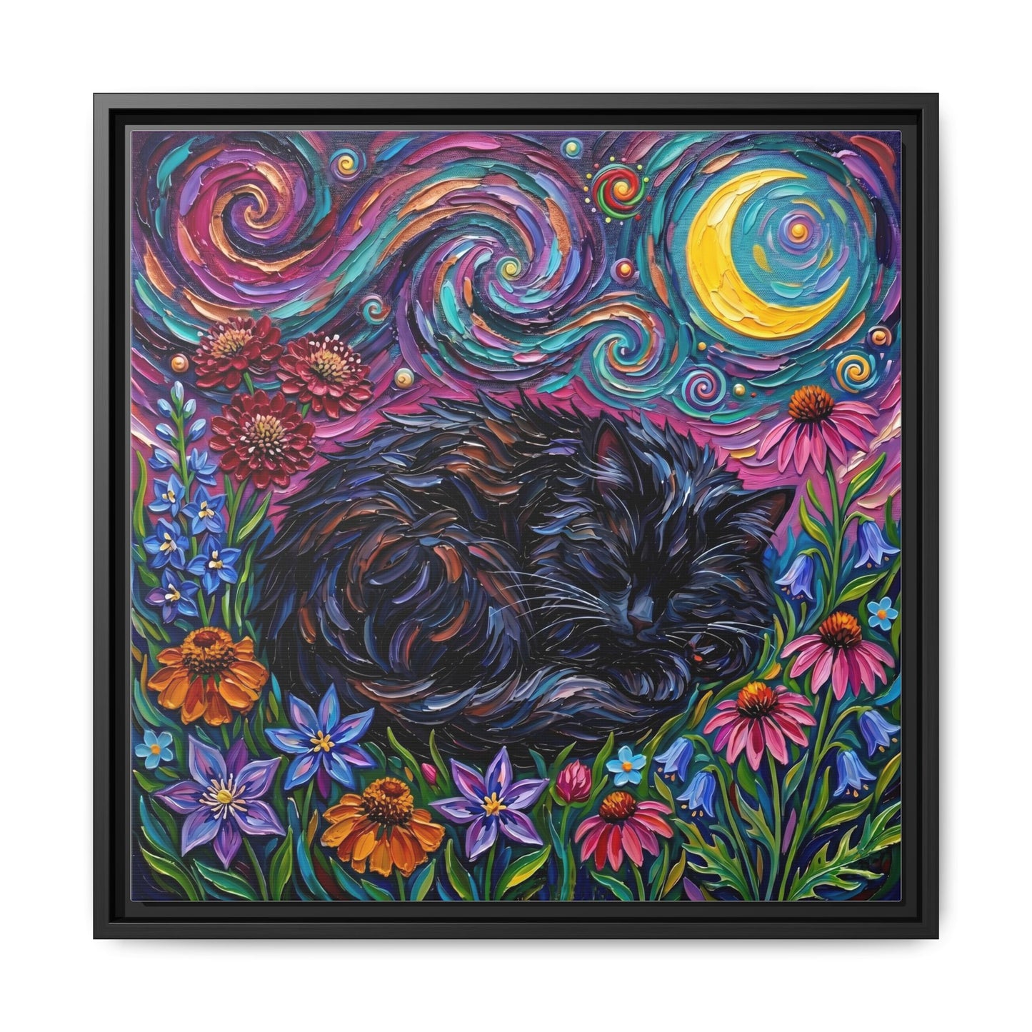 "Amongst The Flowers - Black Cat" Framed Canvas Wall Art