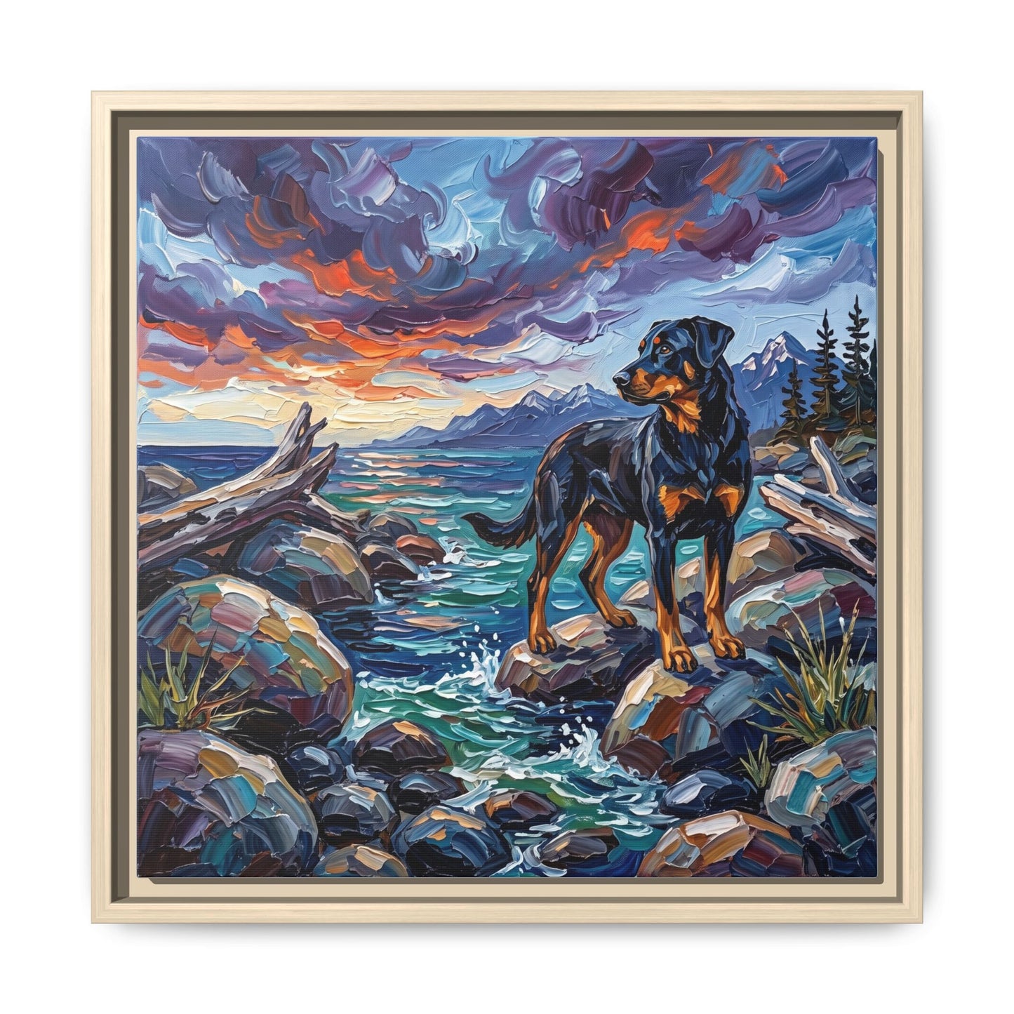 "Beach Day - Beauceron" Framed Canvas Wall Art