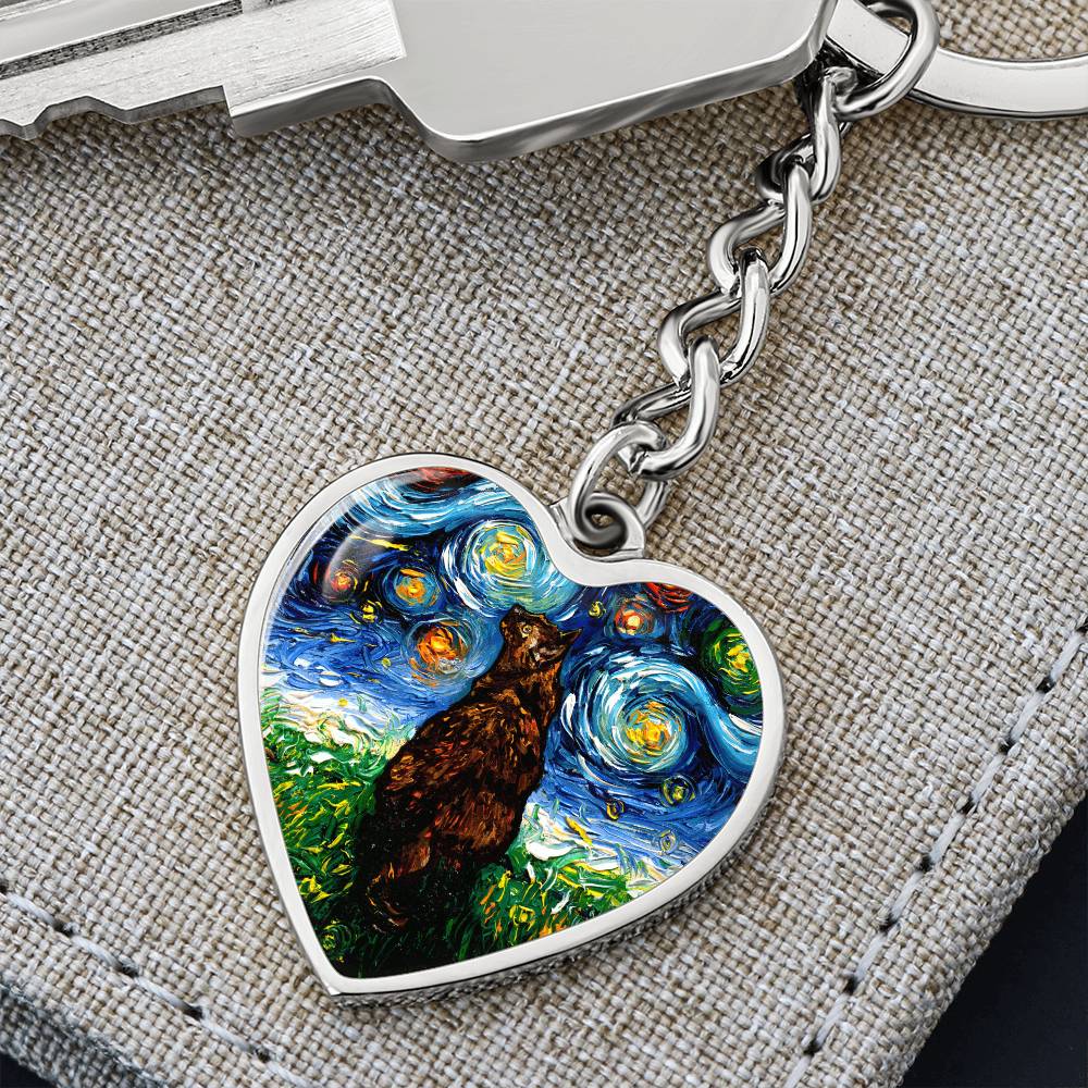 Tortoiseshell Cat Starry Night Heart Keychain