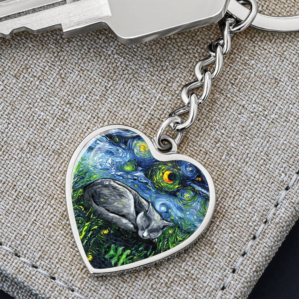 Russian Blue Cat Starry Night Heart Keychain