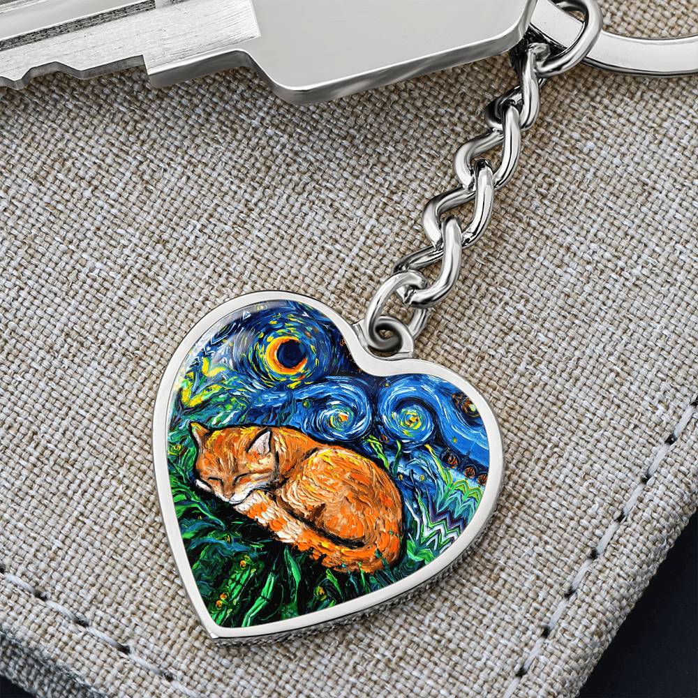 Sleeping Orange Tabby Cat Starry Night Heart Keychain