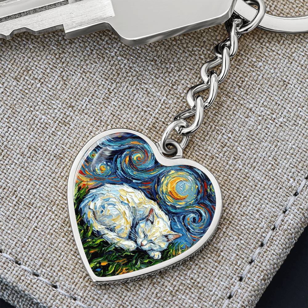 Sleepy White Cat Night Heart Keychain