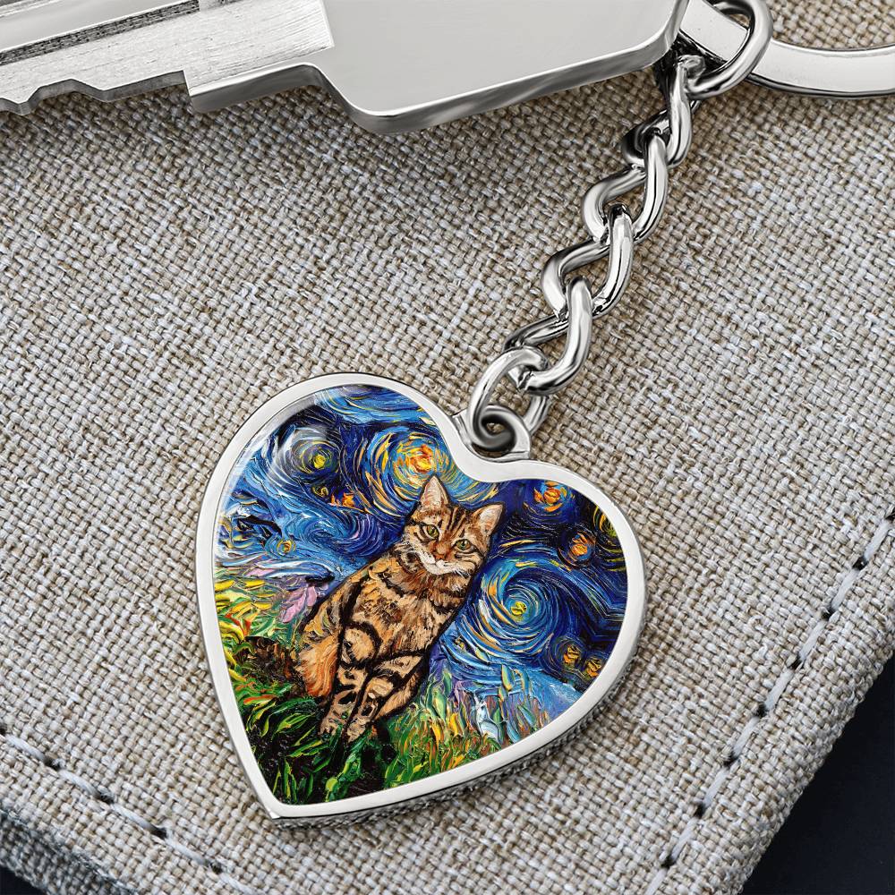 Brown Tabby Starry Night Heart Keychain