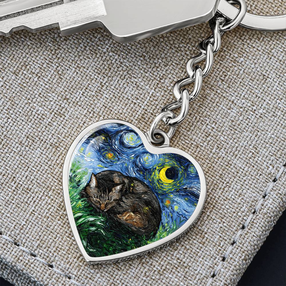 Sleeping Brown Tabby Starry Night Heart Keychain