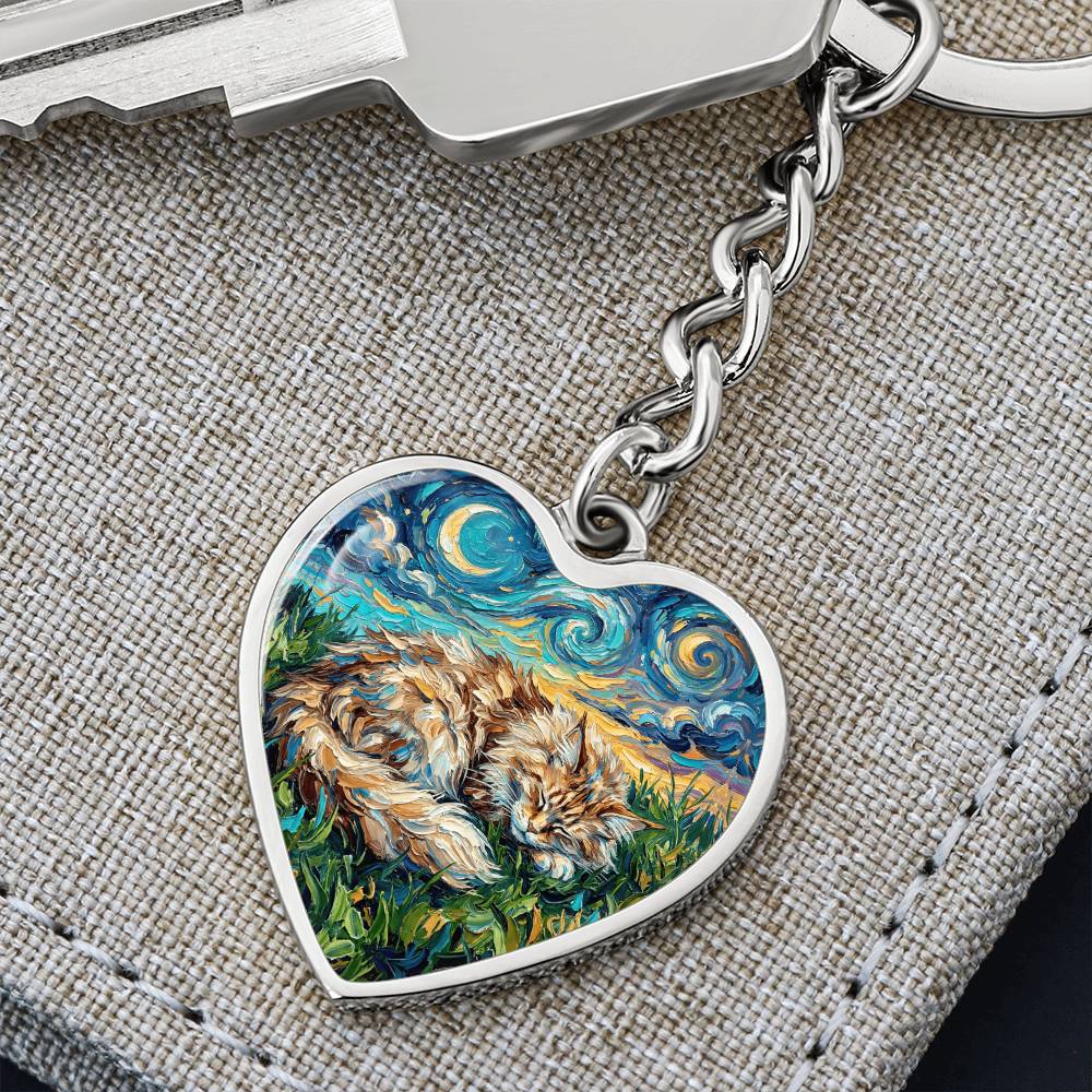 Sleepy Maine Coon Night Heart Keychain