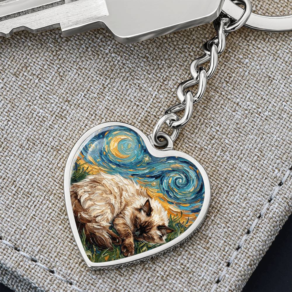 Sleepy Birman Night Heart Keychain