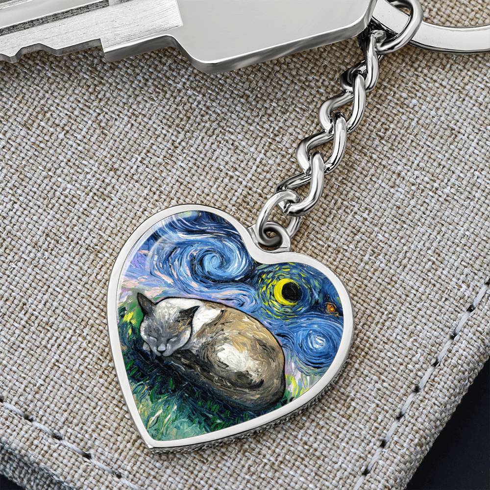 Sleeping Siamese Cat Starry Night Heart Keychain