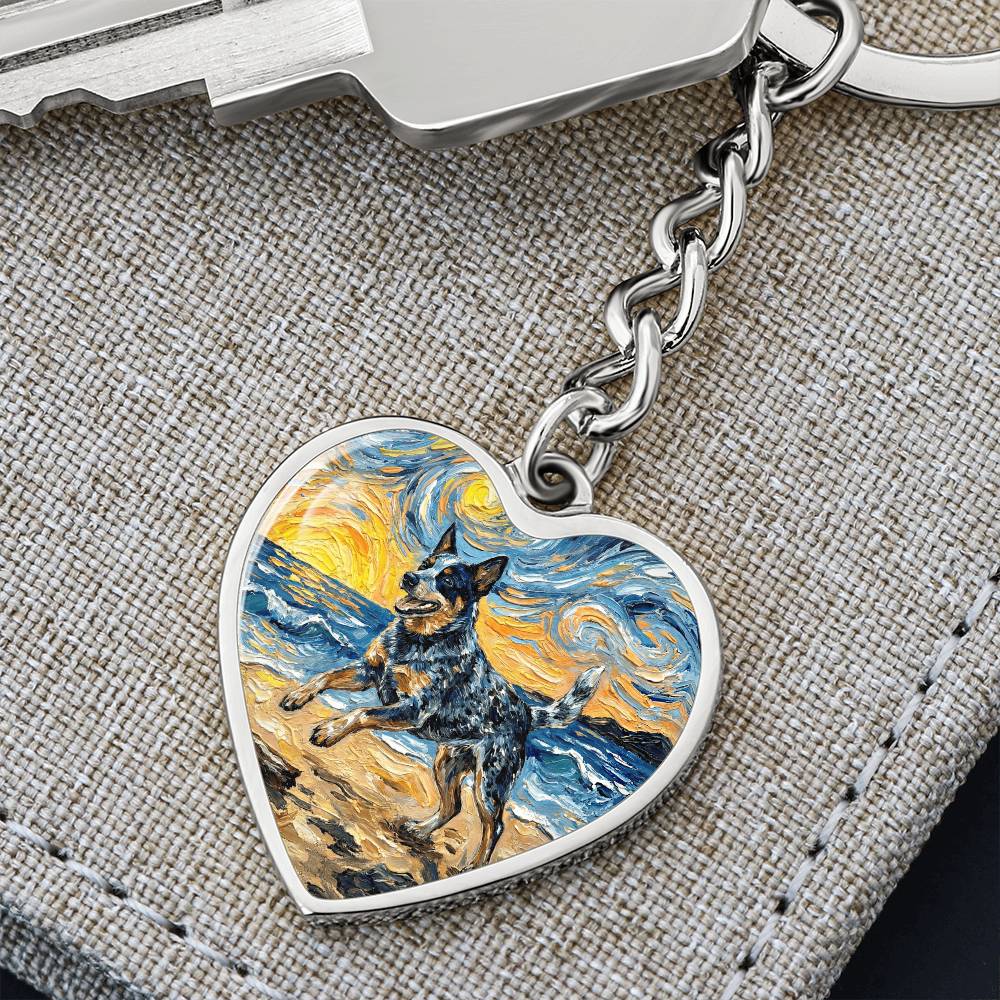 Frolicking Blue Heeler at the Beach Heart Keychain