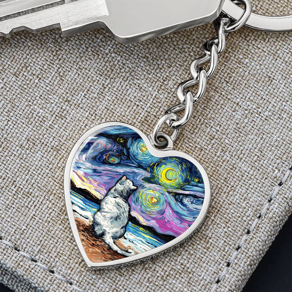 White Cat Night 2 Starry Night Heart Keychain