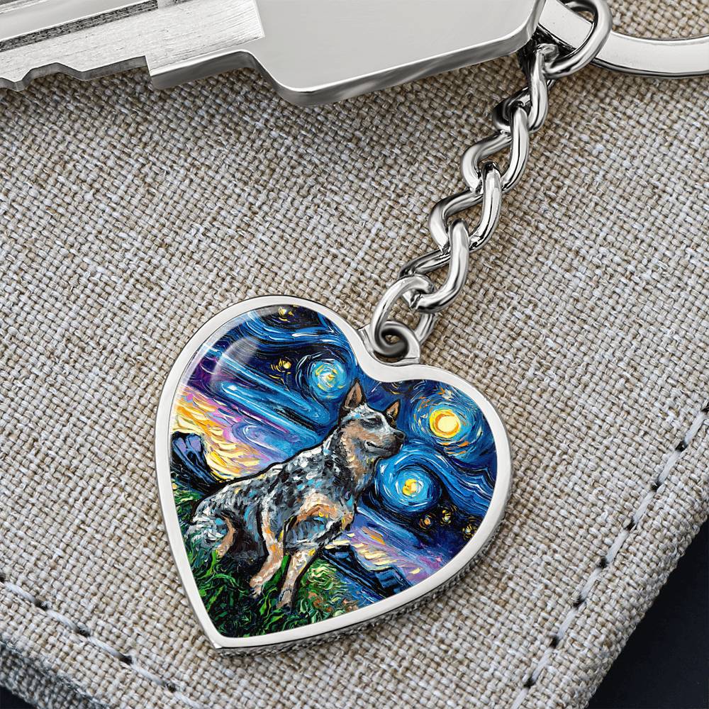 Blue Heeler Starry Night Heart Keychain