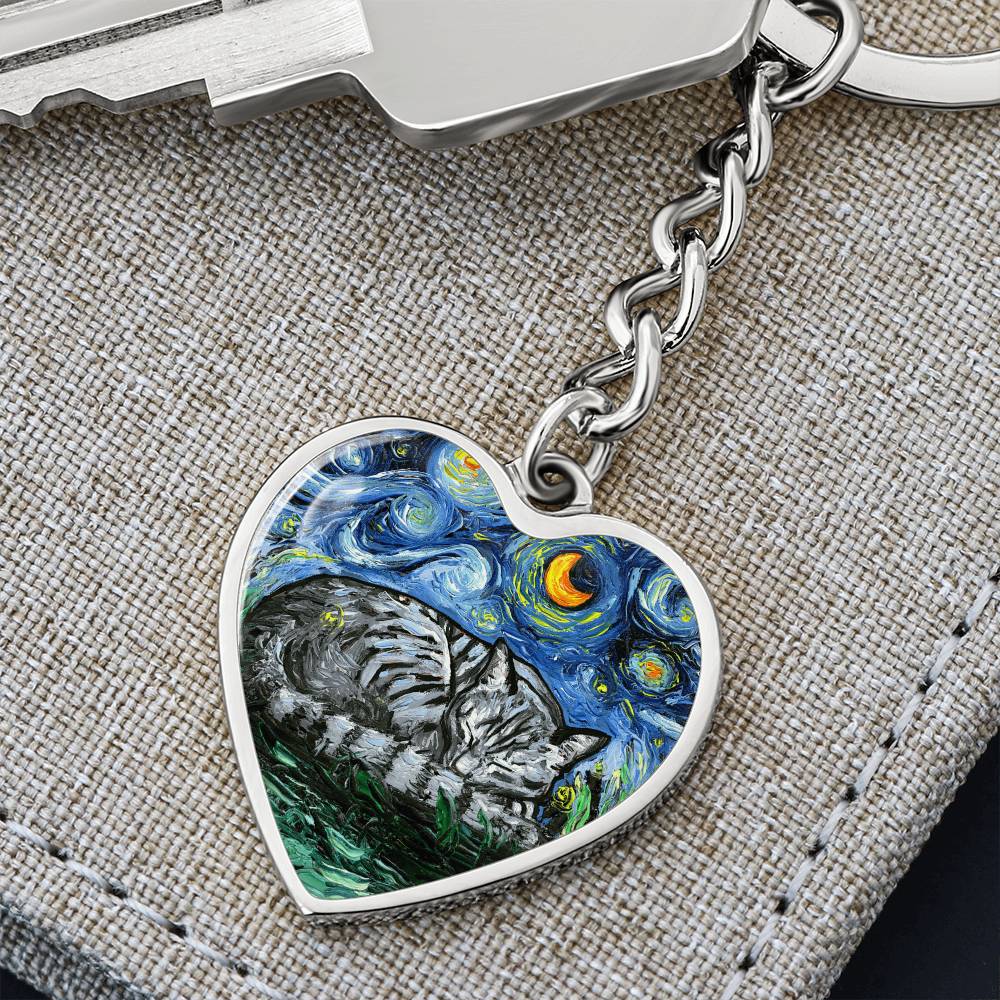 Sleeping Gray Tabby Starry Night Heart Keychain