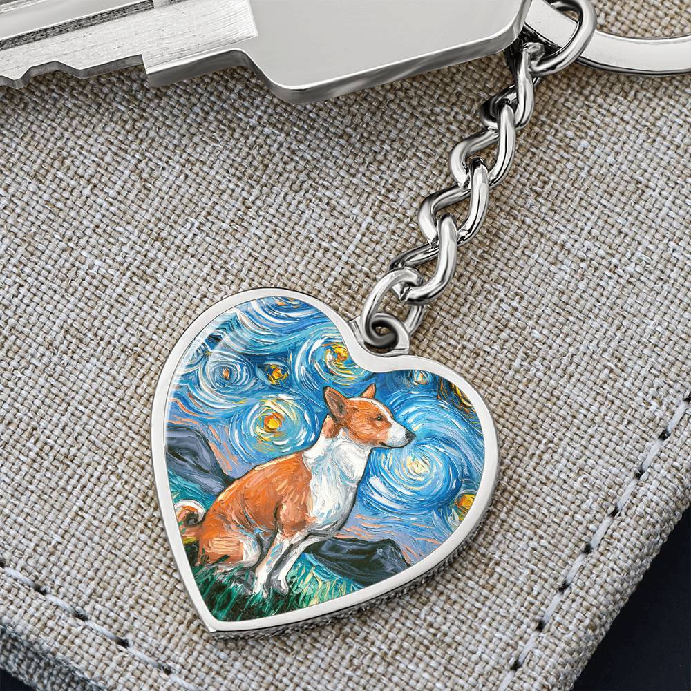 Basenji Starry Night Heart Keychain