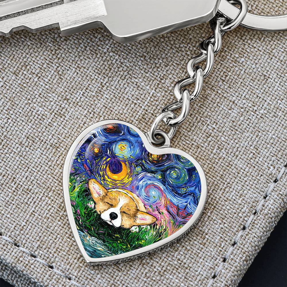 Sleeping Corgi Starry Night Heart Keychain