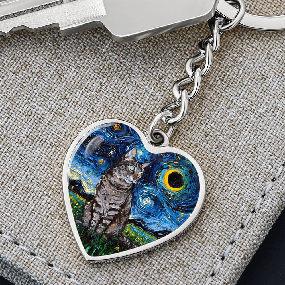 Tabby Cat Starry Night Heart Keychain