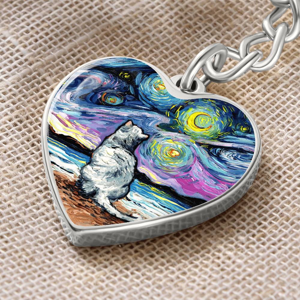 White Cat Night 2 Starry Night Heart Keychain