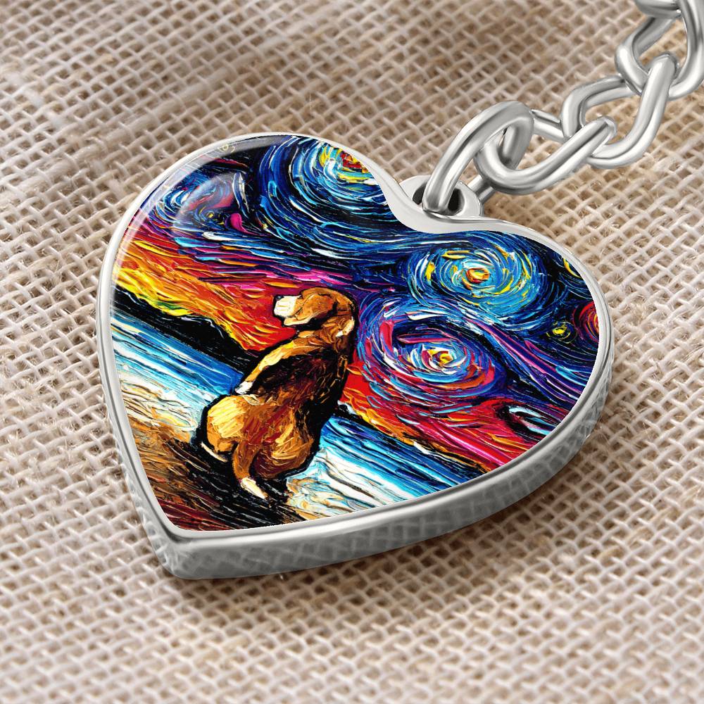 Beagle Beach Starry Night Heart Keychain