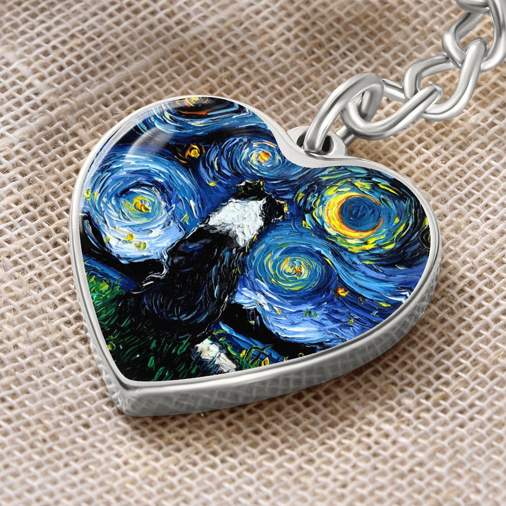 Border Collie Back Starry Night Heart Keychain