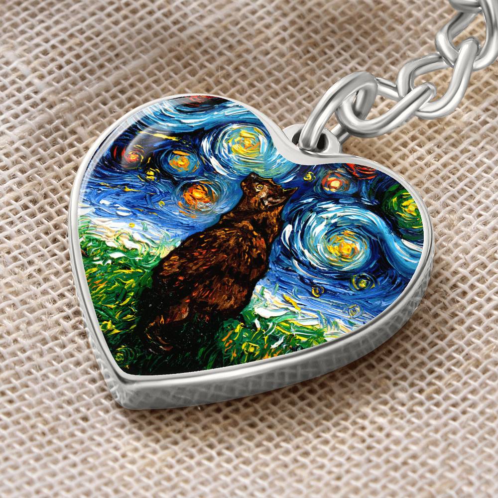 Tortoiseshell Cat Starry Night Heart Keychain