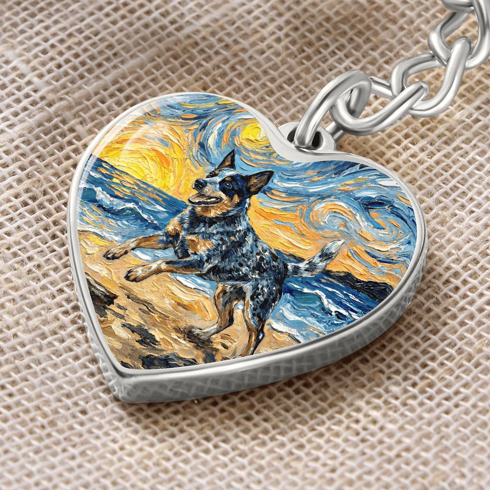 Frolicking Blue Heeler at the Beach Heart Keychain