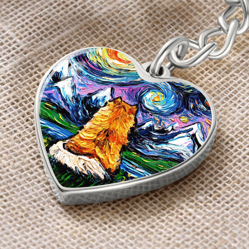 Pomeranian Back Starry Night Heart Keychain