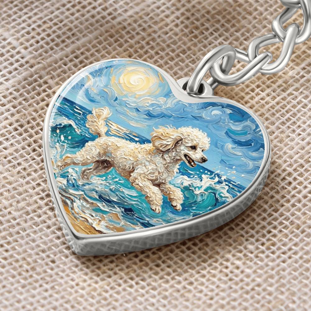 Beach Day - White Toy Poodle Heart Keychain