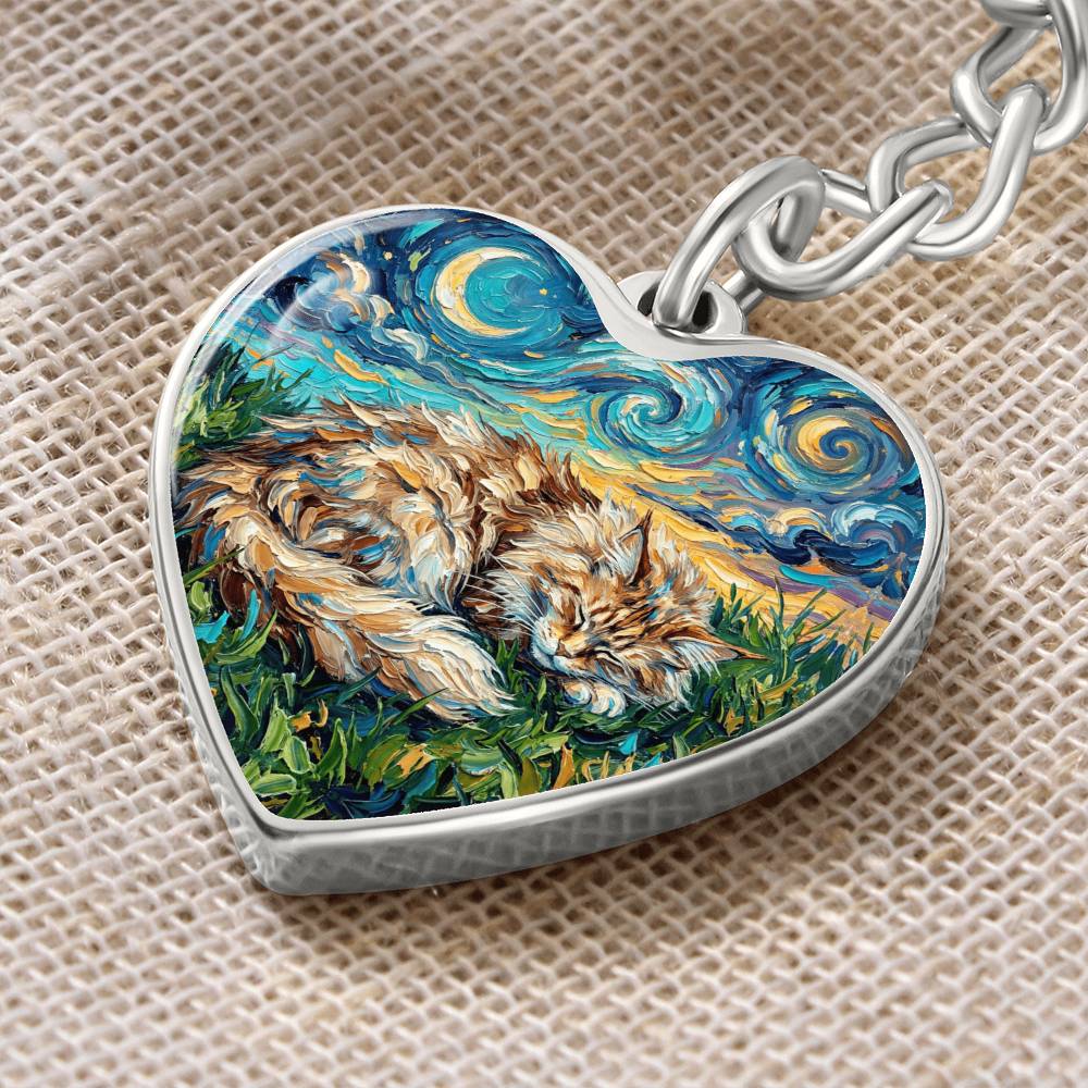 Sleepy Maine Coon Night Heart Keychain