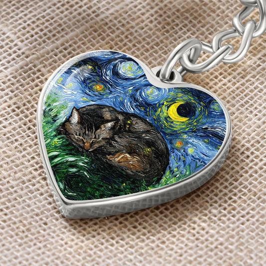 Sleeping Brown Tabby Starry Night Heart Keychain