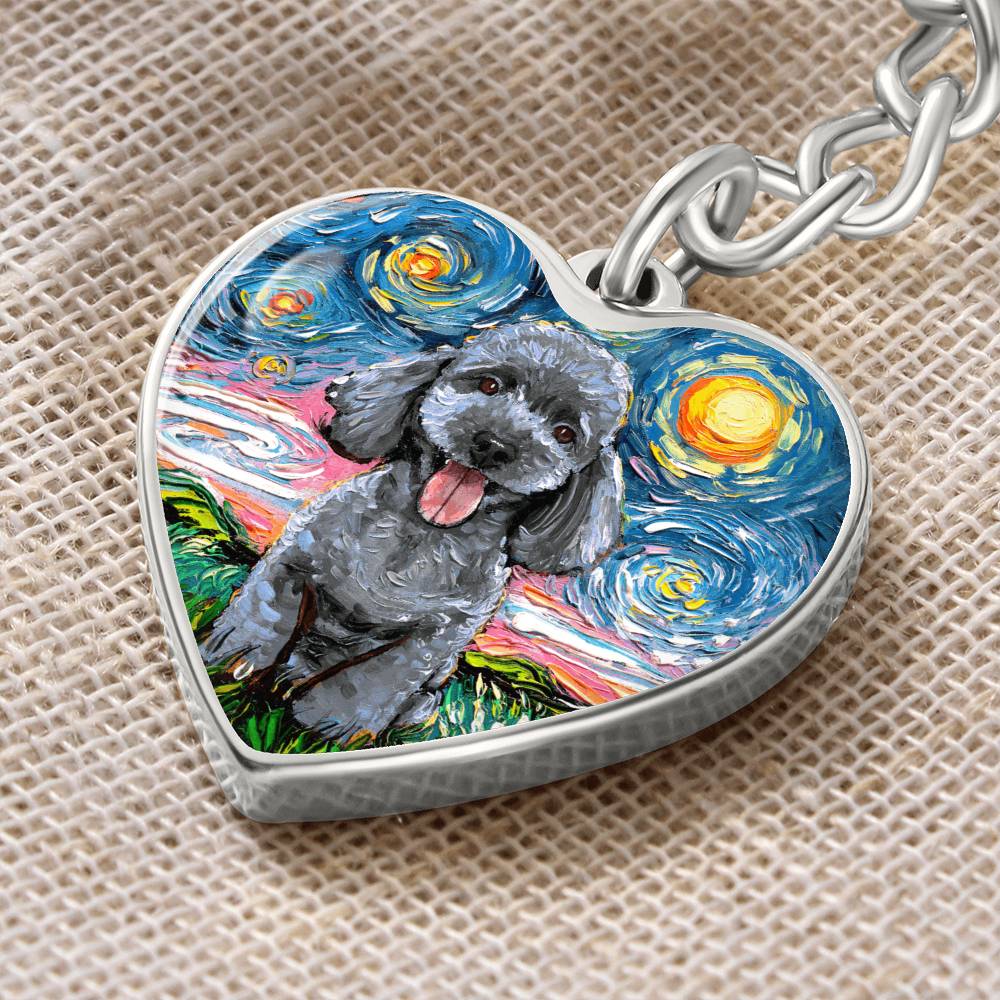 Silver Poodle Starry Night Heart Keychain