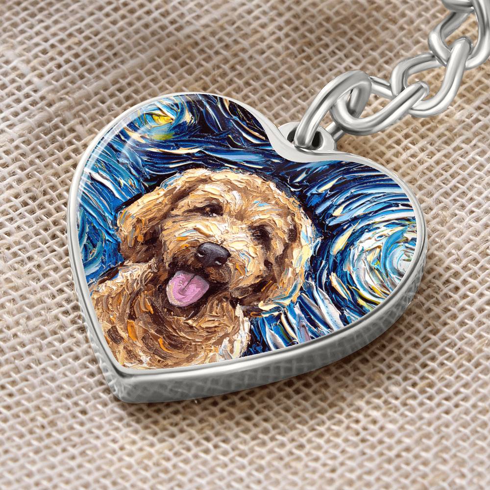 Goldendoodle Portrait Starry Night Heart Keychain