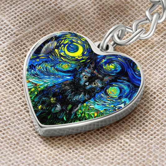 Black Cat 2 Starry Night Heart Keychain