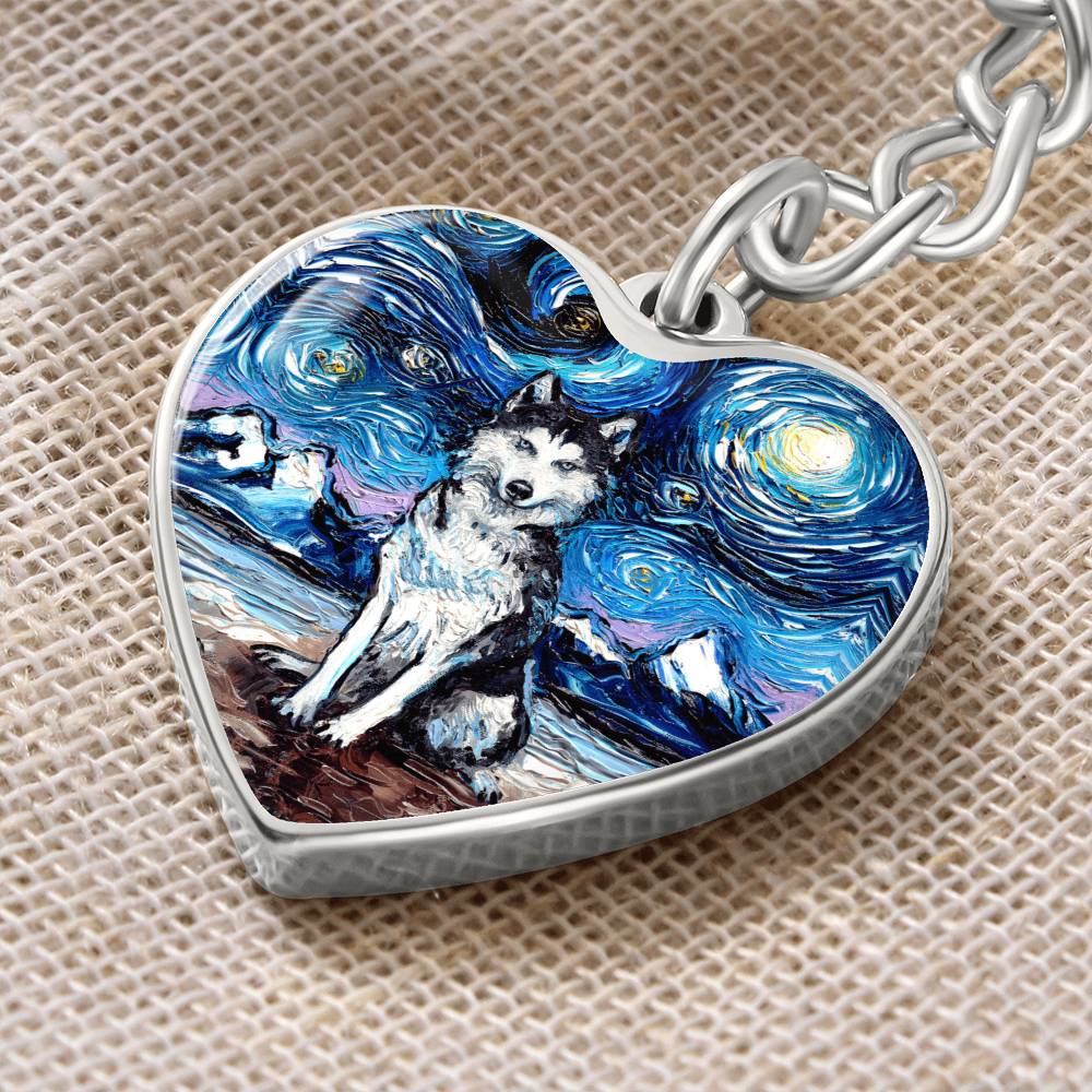 Husky Starry Night Heart Keychain