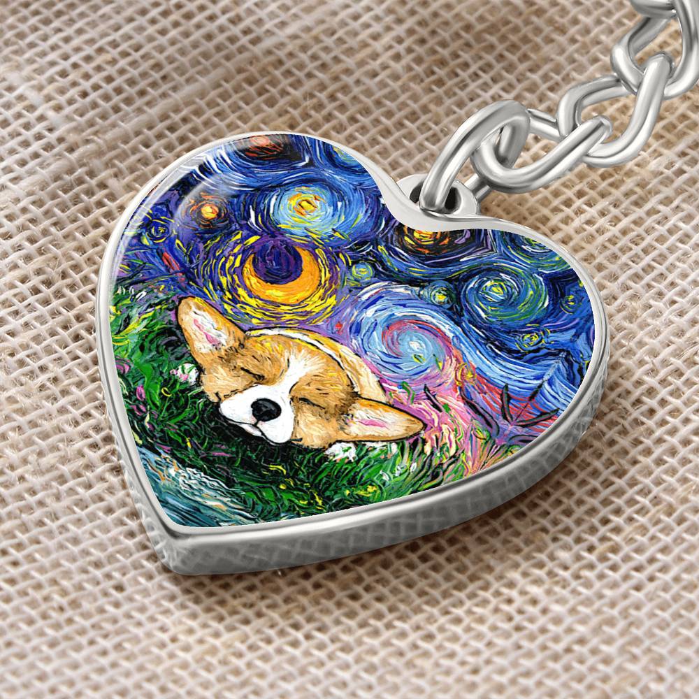 Sleeping Corgi Starry Night Heart Keychain