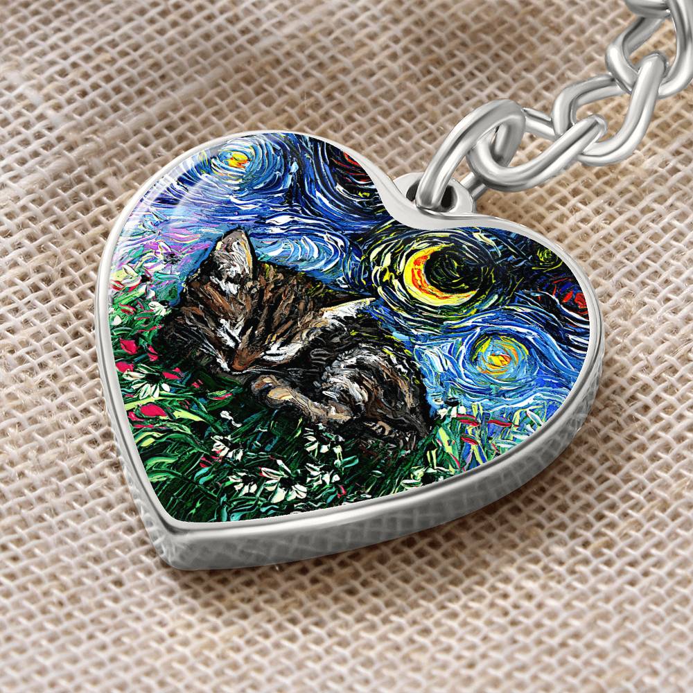 Tabby Kitten Starry Night Heart Keychain