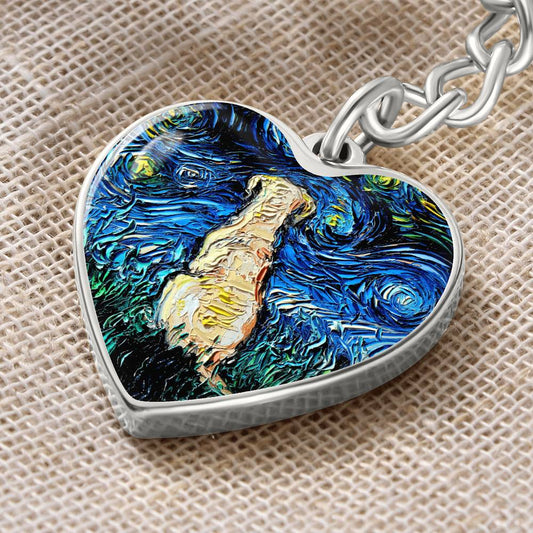Yellow Labrador Back Starry Night Heart Keychain