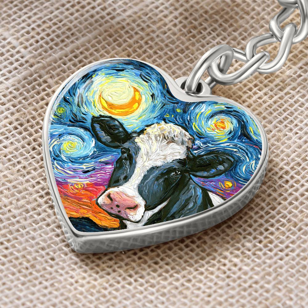 Holstein Cow Starry Night Heart Keychain