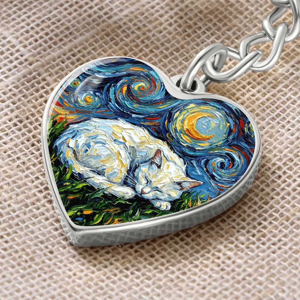 Sleepy White Cat Night Heart Keychain