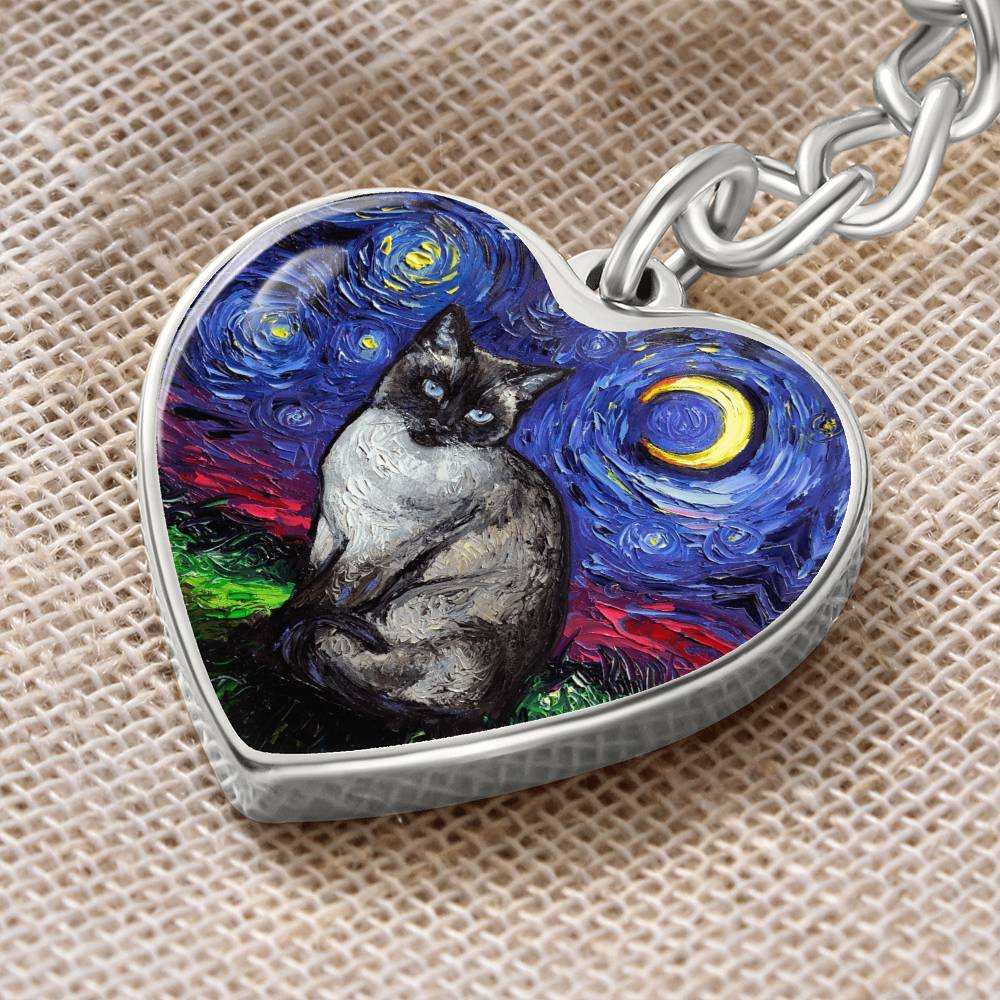 Siamese Cat Starry Night Heart Keychain
