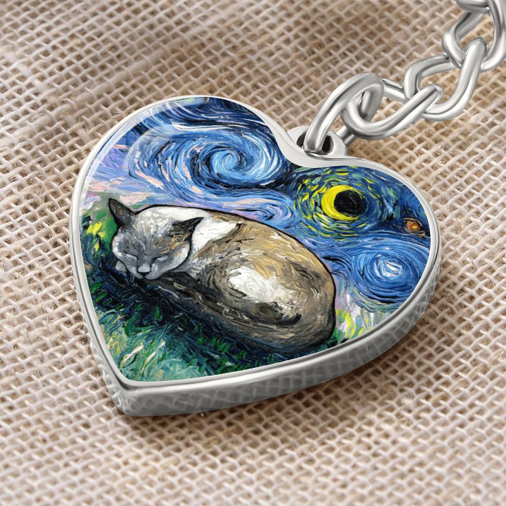 Sleeping Siamese Cat Starry Night Heart Keychain