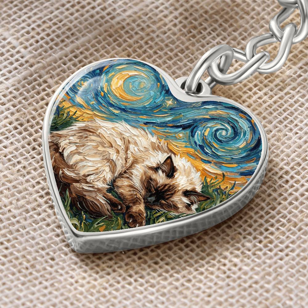 Sleepy Birman Night Heart Keychain