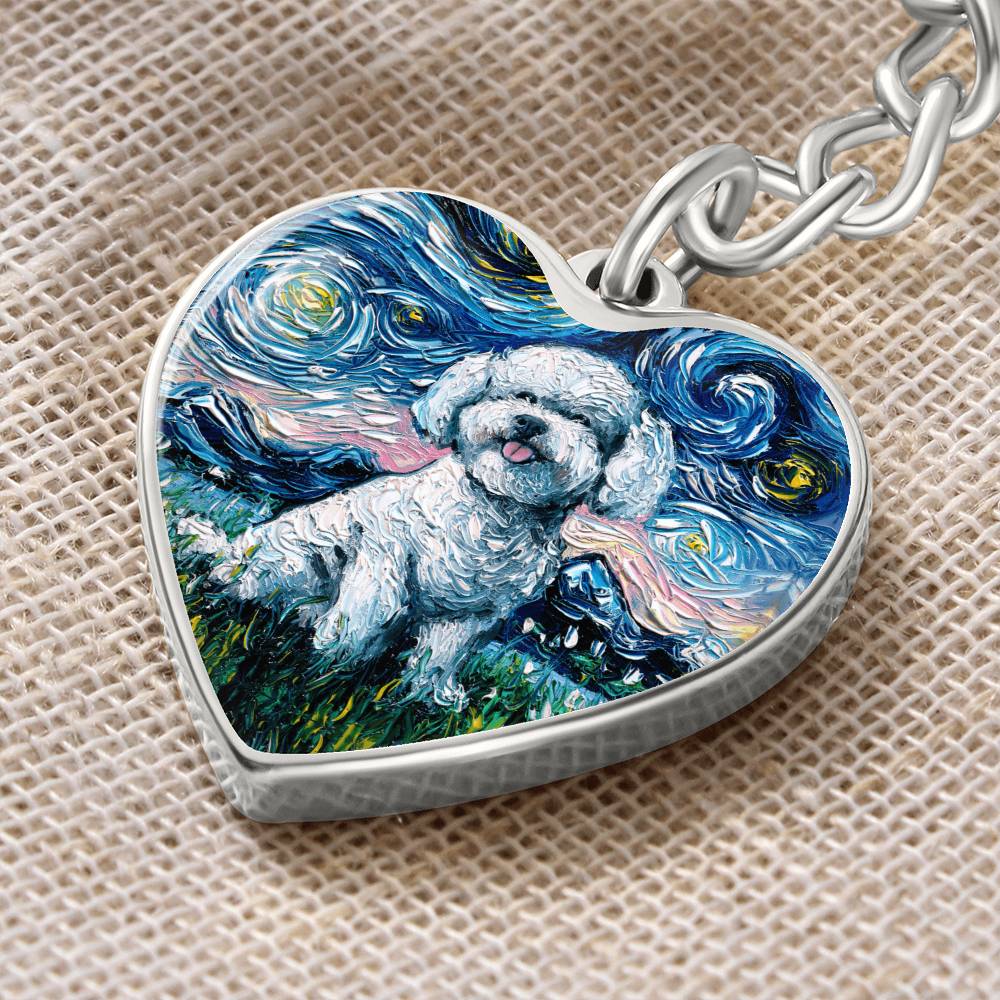 Bichon Frise Starry Night Heart Keychain