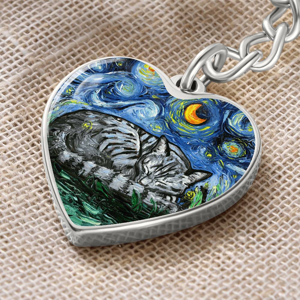 Sleeping Gray Tabby Starry Night Heart Keychain