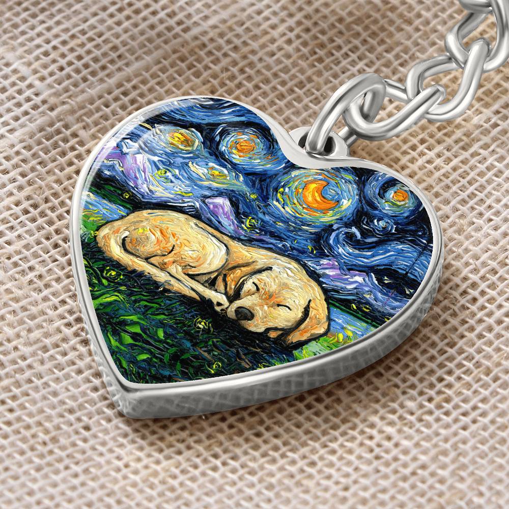 Sleeping Yellow Labrador Starry Night Heart Keychain