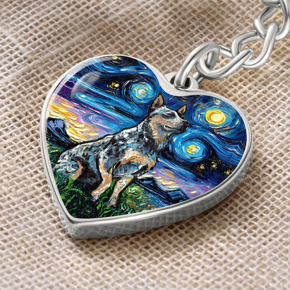 Blue Heeler Starry Night Heart Keychain