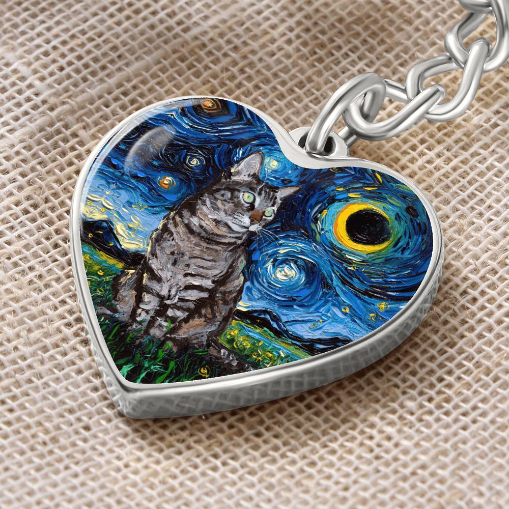 Tabby Cat Starry Night Heart Keychain