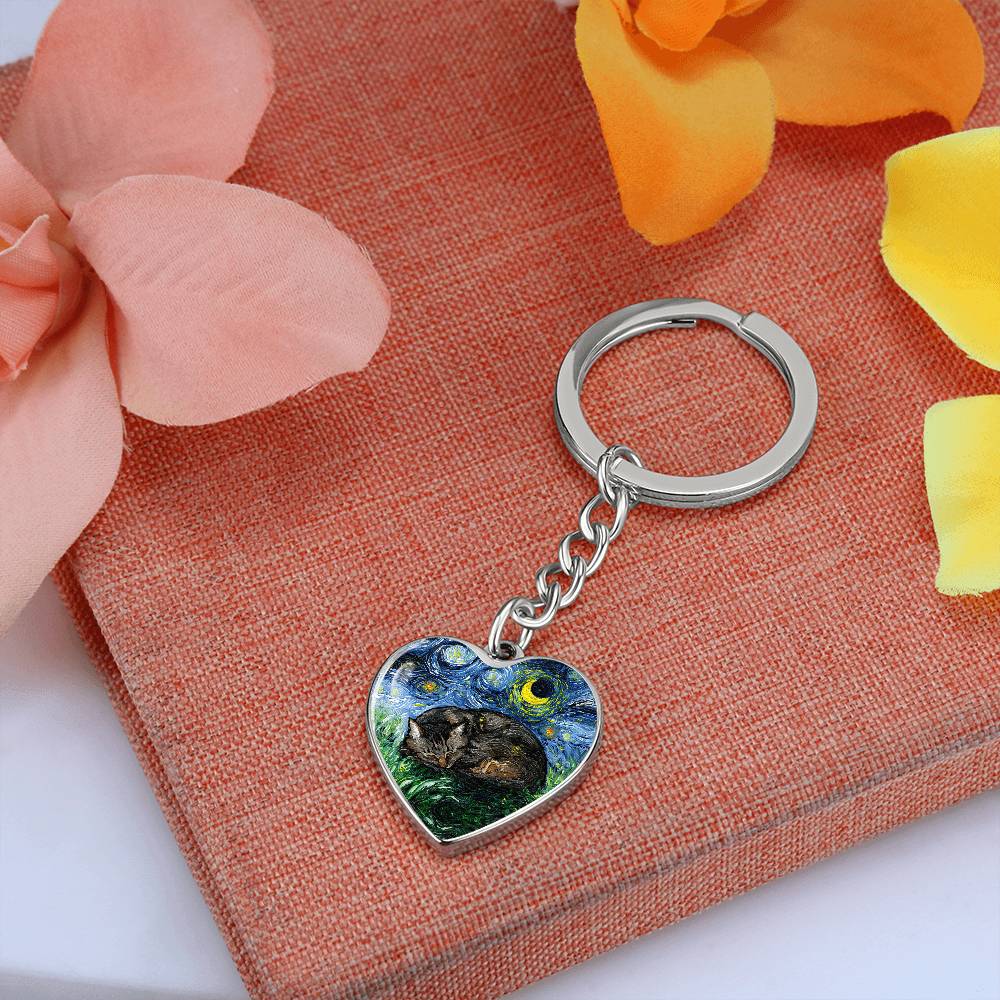 Sleeping Brown Tabby Cat Starry Night Heart Keychain